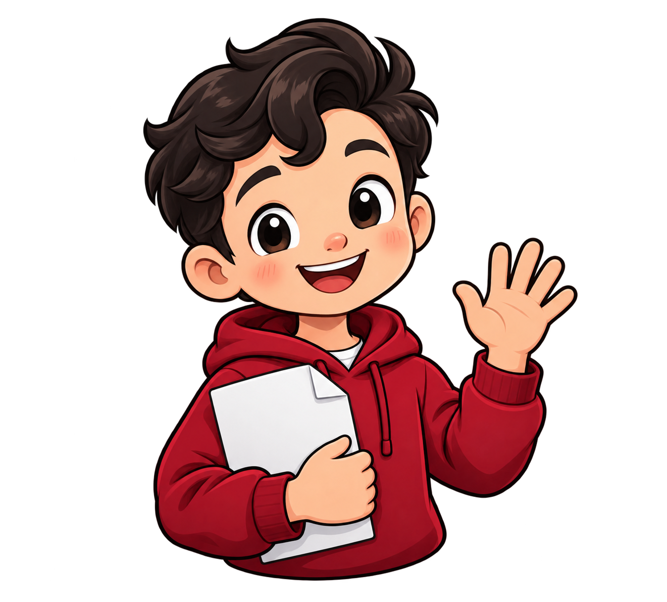 The friendly cuteboy mascot waving with a PDF document
